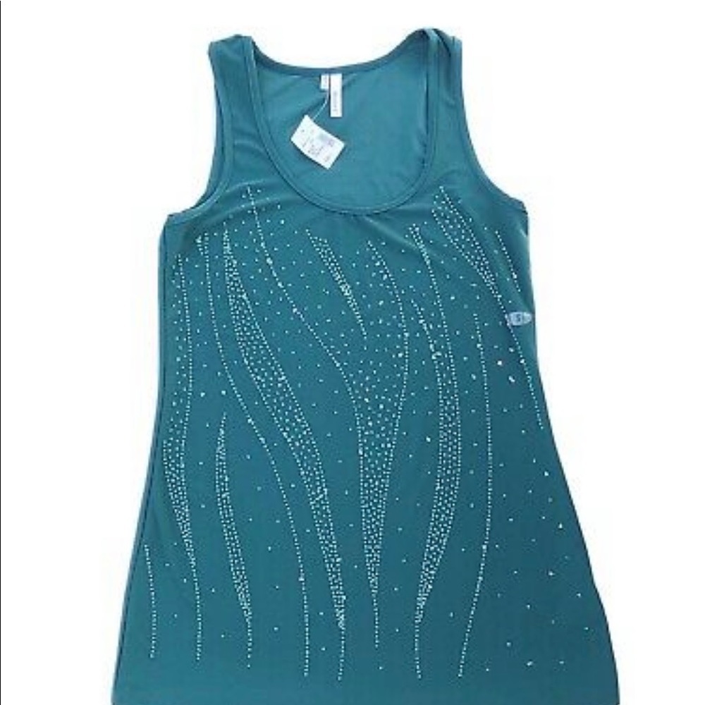 STUDIO Y WORN ONCE AQUA GREEN STRETCHY EMBELLISHED SLEEVELESS TANK XS - Picture 4 of 11